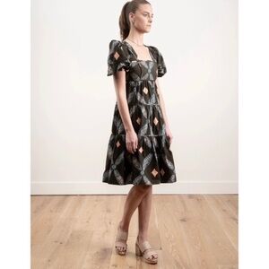 Ulla Johnson Nora Cotton Poplin Quilted Puff Sleeve Tiered Dress Army